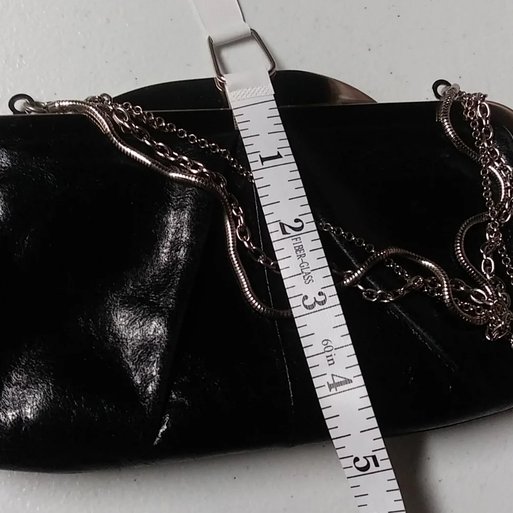 HOBO Black Leather Clutch with Silver Frame & Chain